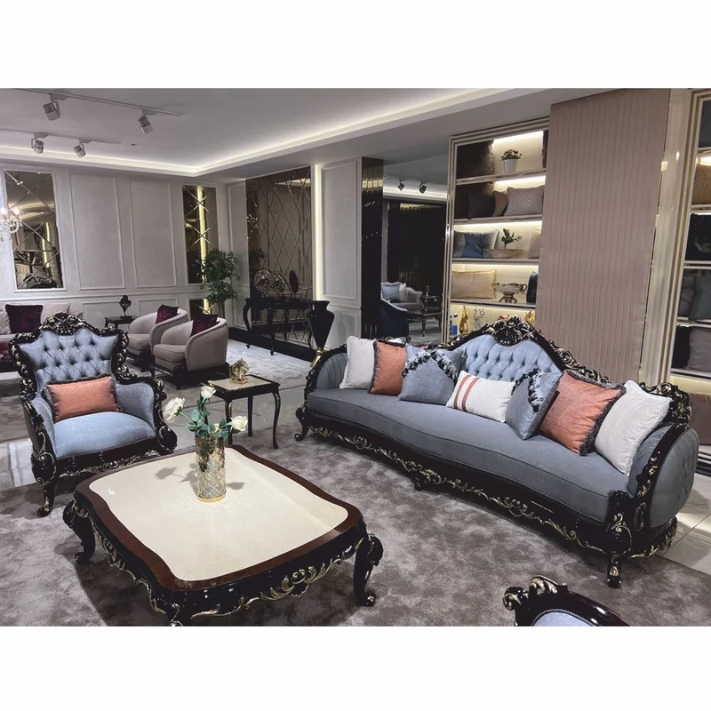 Casa Padrino Luxus Barock Wohnzimmer Sofa Hellblau / Dunkelbraun / Gold 295 cm - Barock Möbel