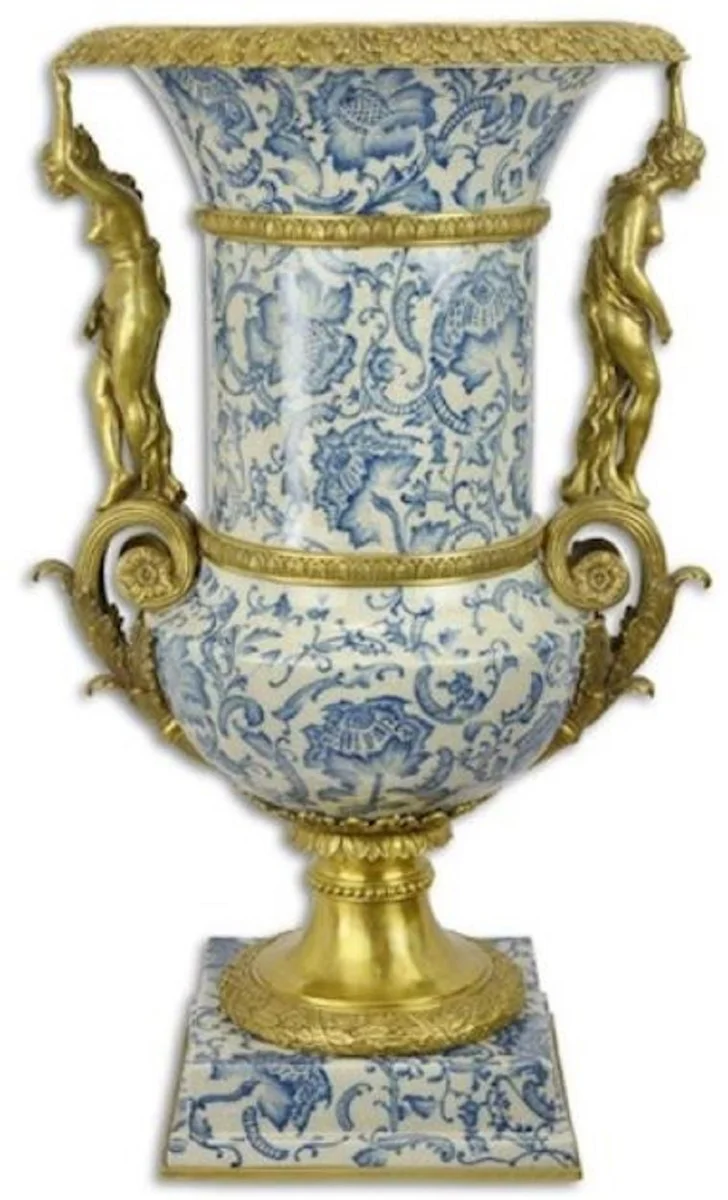 Casa Padrino Barock Deko Vase Creme / Blau / Gold 53 x 47,8 x H. 85,7 cm - Prunkvolle Porzellan Blumenvase mit 2 Bronze Griffen - Deko Accessoires im Barockstil