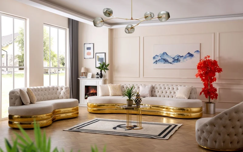 Casa Padrino Luxus Chesterfield 4er Sofa Creme / Gold 340 x 105 x H. 82 cm - Gebogenes Chesterfield Wohnzimmer Sofa - Wohnzimmer Möbel - Chesterfield Möbel - Luxus Möbel - Luxus Einrichtung