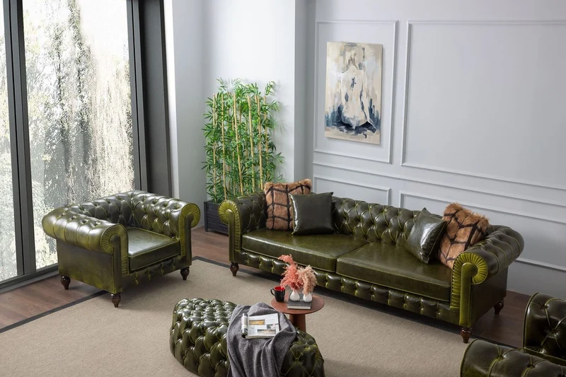 Casa Padrino Luxus Chesterfield Kunstleder Sessel Grün / Dunkelbraun 115 x 90 x H. 75 cm - Wohnzimmer Sofa - Wohnzimmer Möbel - Luxus Möbel - Luxus Wohnzimmer Einrichtung - Möbel Luxus