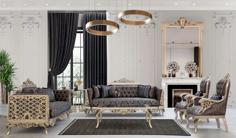 Casa Padrino Luxus Barock Wohnzimmer Set Blau / Silber / Gold - 2 Sofas & 2 Sessel & 1 Couchtisch - Prunkvolle Barock Wohnzimmer Möbel