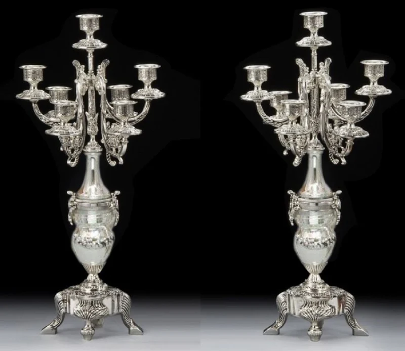 Casa Padrino Luxus Barock Bronze Kerzenhalter Set Silber H. 55 cm