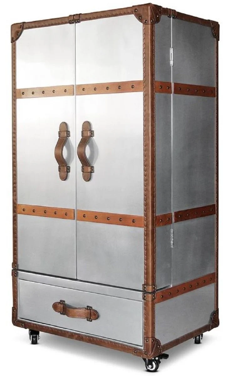 Casa Padrino Luxus Weinschrank Silber / Braun 63 x 52 x H. 130 cm - Aluminium Kofferschrank mit Echtleder - Barschrank im Koffer Design - Luxus Bar Möbel