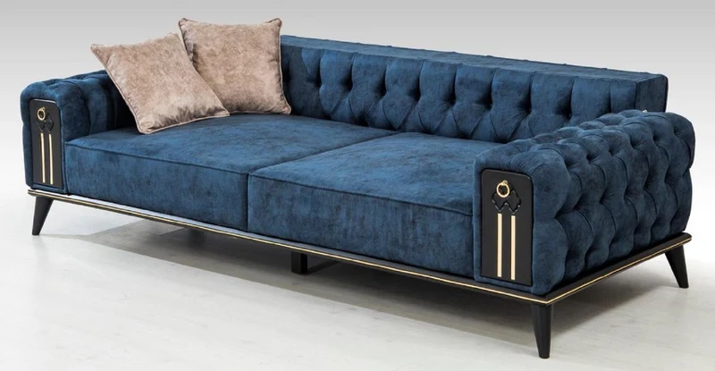 Casa Padrino Luxus Chesterfield Schlafsofa Blau / Schwarz / Gold 220 x 90 x H. 80 cm - Modernes Wohnzimmer Sofa - Chesterfield Wohnzimmer Möbel