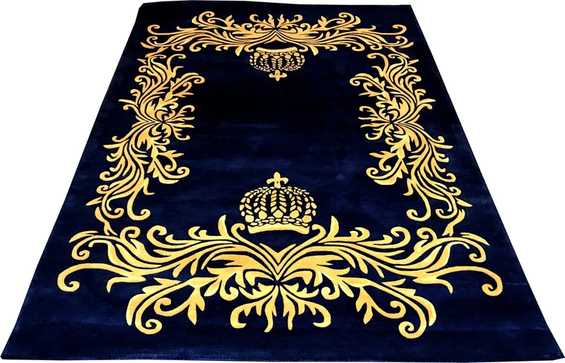 Pompöös by Casa Padrino Luxus Teppich von Harald Glööckler 200 x 290 cm Krone Royalblau / Gold - Barock Design Teppich - Handgewebt aus Wolle