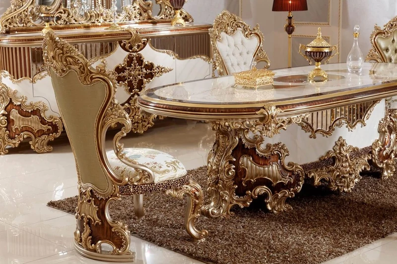 Casa Padrino Luxus Barock Esszimmer Set Weiß / Braun / Gold - 1 Barock Esstisch & 6 Barock Esszimmerstühle - Barock Esszimmer Möbel - Luxus Möbel im Barockstil - Edel & Prunkvoll - Luxus Qualität