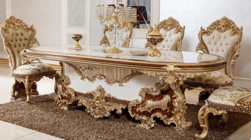 Casa Padrino Luxus Barock Esszimmer Set Weiß / Braun / Gold - 1 Barock Esstisch & 6 Barock Esszimmerstühle - Barock Esszimmer Möbel - Luxus Möbel im Barockstil - Edel & Prunkvoll - Luxus Qualität
