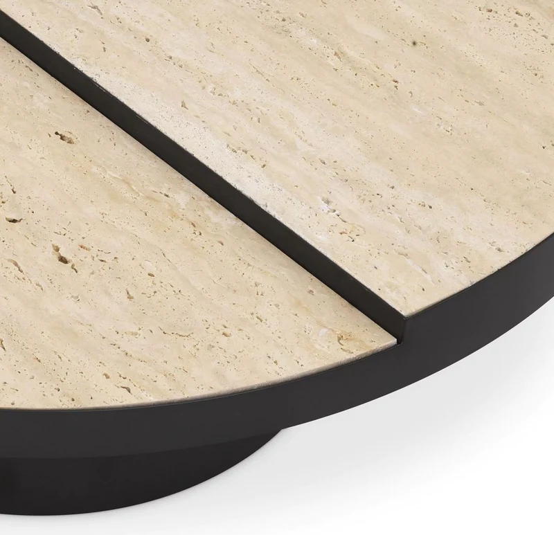 Casa Padrino Luxus Couchtisch Bronze / Beige Ø 88 x H. 35 cm - Runder Edelstahl Wohnzimmertisch mit 2 Travertin Tischplatten - Wohnzimmer Möbel - Luxus Möbel - Luxus Einrichtung