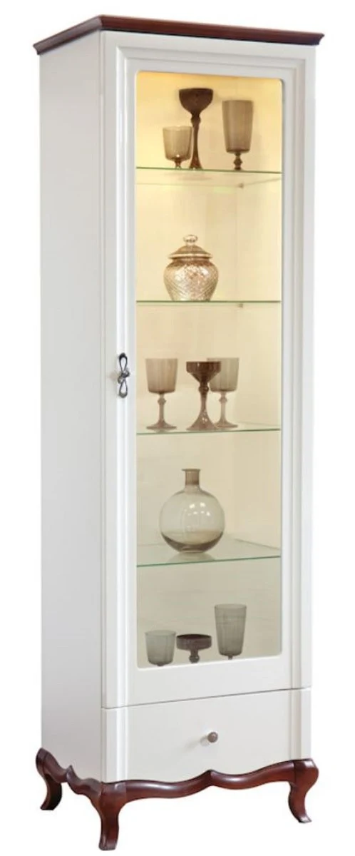 Casa Padrino Luxus Art Deco Vitrinenschrank Weiß / Dunkelbraun 64 x 46,5 x H. 209,5 cm - Beleuchteter Wohnzimmerschrank mit Glastür und Schublade - Wohnzimmermöbel