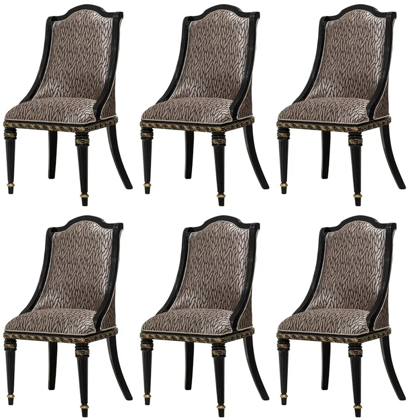 Casa Padrino Luxus Barock Esszimmer Stuhl 6er Set Silber Muster / Schwarz / Gold - Prunkvolle Barockstil Küchen Stühle - Luxus Barockstil Esszimmer Möbel - Barock Esszimmer Möbel - Barockstil Möbel