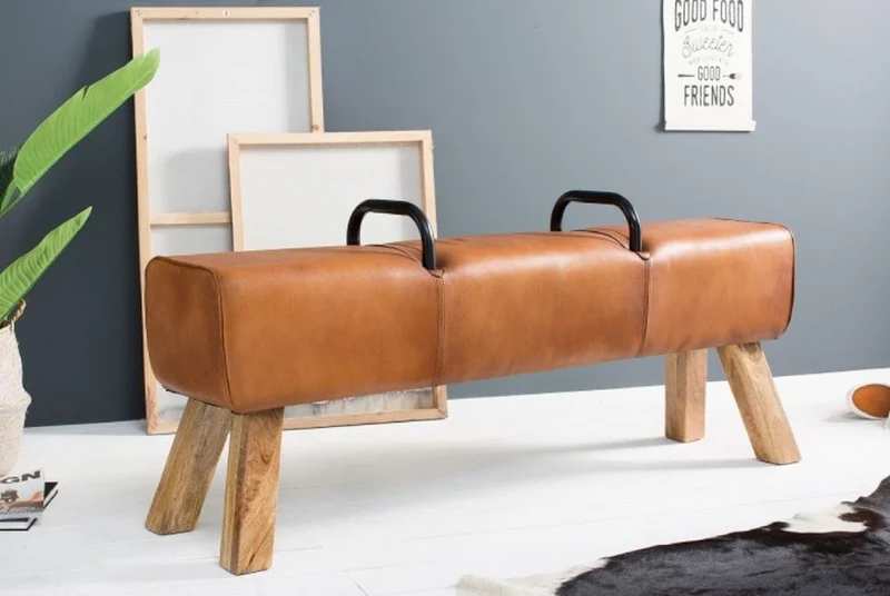 Casa Padrino Luxus Sitzbank Braun / Naturfarben / Schwarz 134 x 35 x H. 60 cm - Echtleder Sitzbank in Turnbock Optik