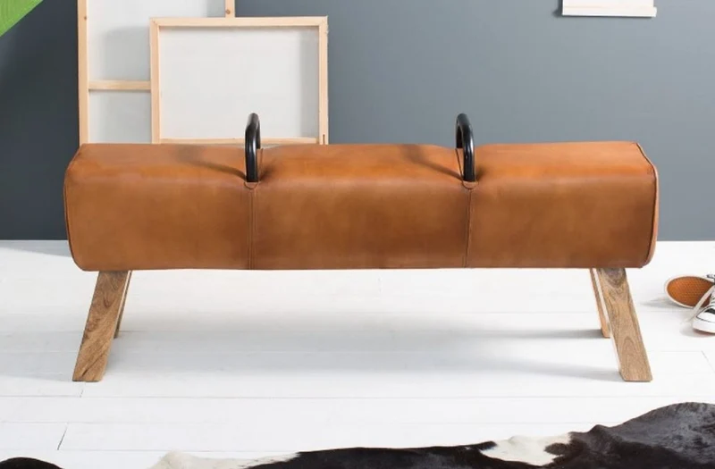 Casa Padrino Luxus Sitzbank Braun / Naturfarben / Schwarz 134 x 35 x H. 60 cm - Echtleder Sitzbank in Turnbock Optik