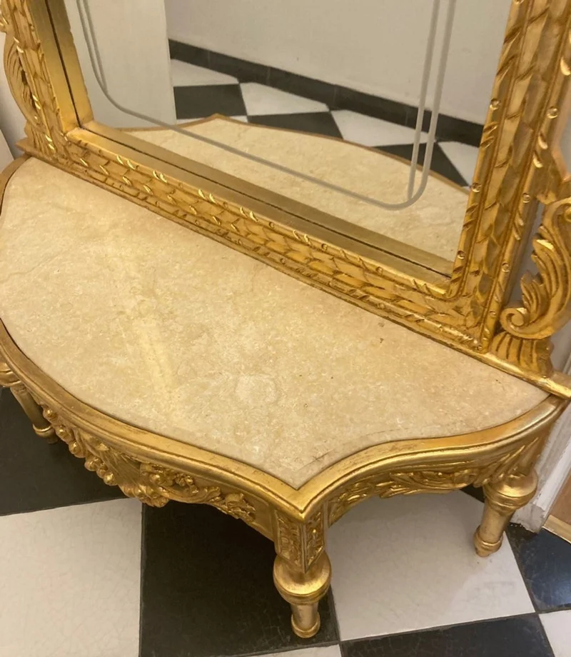 Casa Padrino Barock Spiegelkonsole mit Marmorplatte Gold / Creme - Prunkvolle Barock Konsole mit Spiegel - Garderoben Möbel Barockstil - Barock Möbel - Antik Stil Möbel - Edel & Prunkvoll