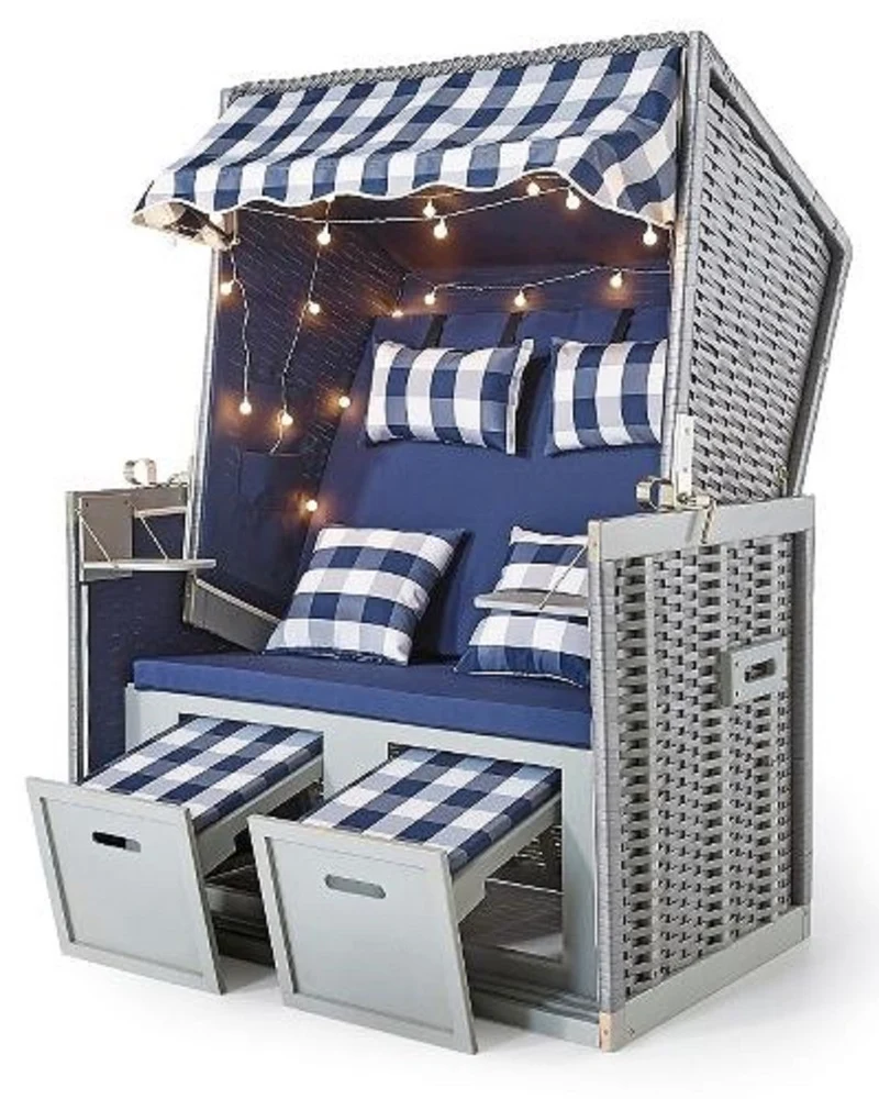 Casa Padrino Strandkorb Grau / Blau / Weiß 116 x 76 x H. 160 cm - Holz Strandkorb mit Dach und LED Beleuchtung - Garten Möbel - Pool Möbel - Outdoor Möbel