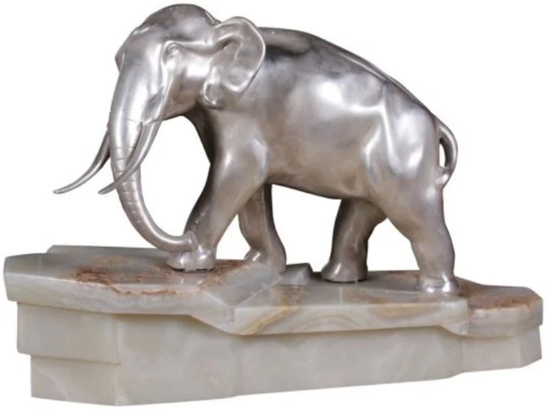 Casa Padrino Luxus Bronzefigur Elefant auf Marmorsockel Silber / Weiß 44 x 19 x H. 30 cm - Luxus Qualität