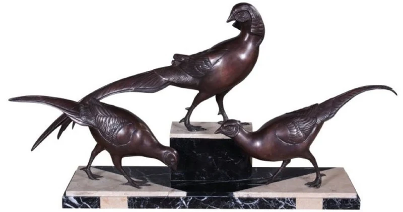 Casa Padrino Luxus Deko Bronzefiguren 3 Fasane Bronze / Schwarz / Weiß 84 x 20 x H. 42 cm - Dekofiguren mit Marmorsockel