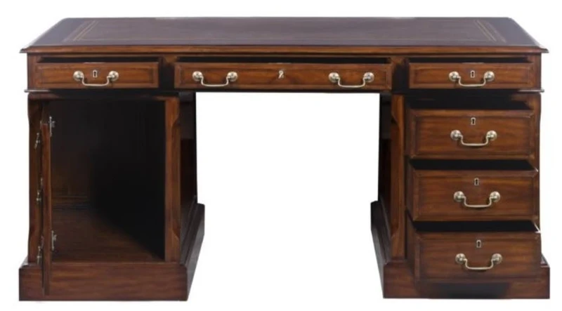 Casa Padrino Luxus Schreibtisch mit Tür und 6 Schubladen Braun / Silber 160 x 80 x H. 79 cm - Büromöbel