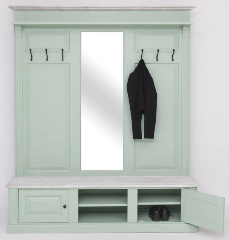 Casa Padrino Landhausstil Garderobe Mintgrün / Grau 180 x 41 x H. 210 cm - Massivholz Garderobenschrank mit Spiegel - Massivholz Garderobenmöbel - Landhausstil Garderobenmöbel