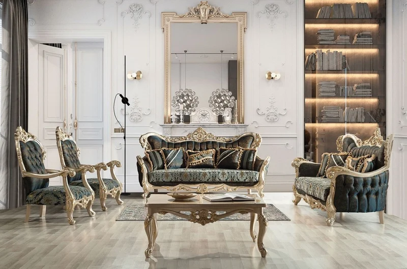Casa Padrino Luxus Barock Sofa Dunkelblau / Türkis / Silber / Gold - Prunkvolles Wohnzimmer Sofa - Barock Wohnzimmer Möbel - Edel & Prunkvoll