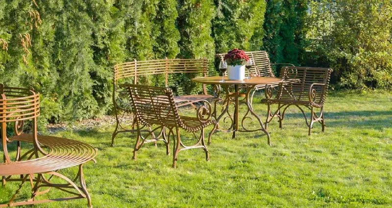 Casa Padrino Jugendstil Garten Stuhl Braun 64 x 62 x H. 71 cm - Handgefertigter Schmiedeeisen Stuhl mit Armlehnen - Nostalgische Schmiedeeisen Garten & Terrassen Möbel