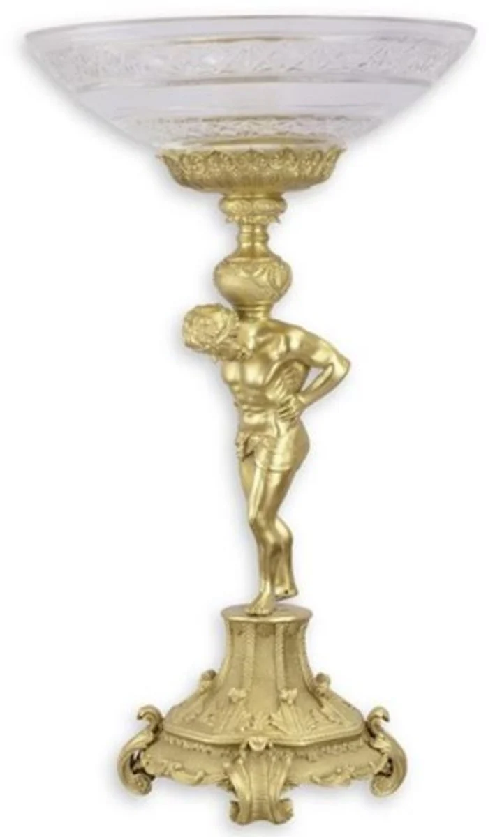 Casa Padrino Barock Glasschale mit Bronze Ständer Gold Ø 32,7 x H. 56,4 cm - Prunkvolle Obstschale - Barock Deko Accessoires