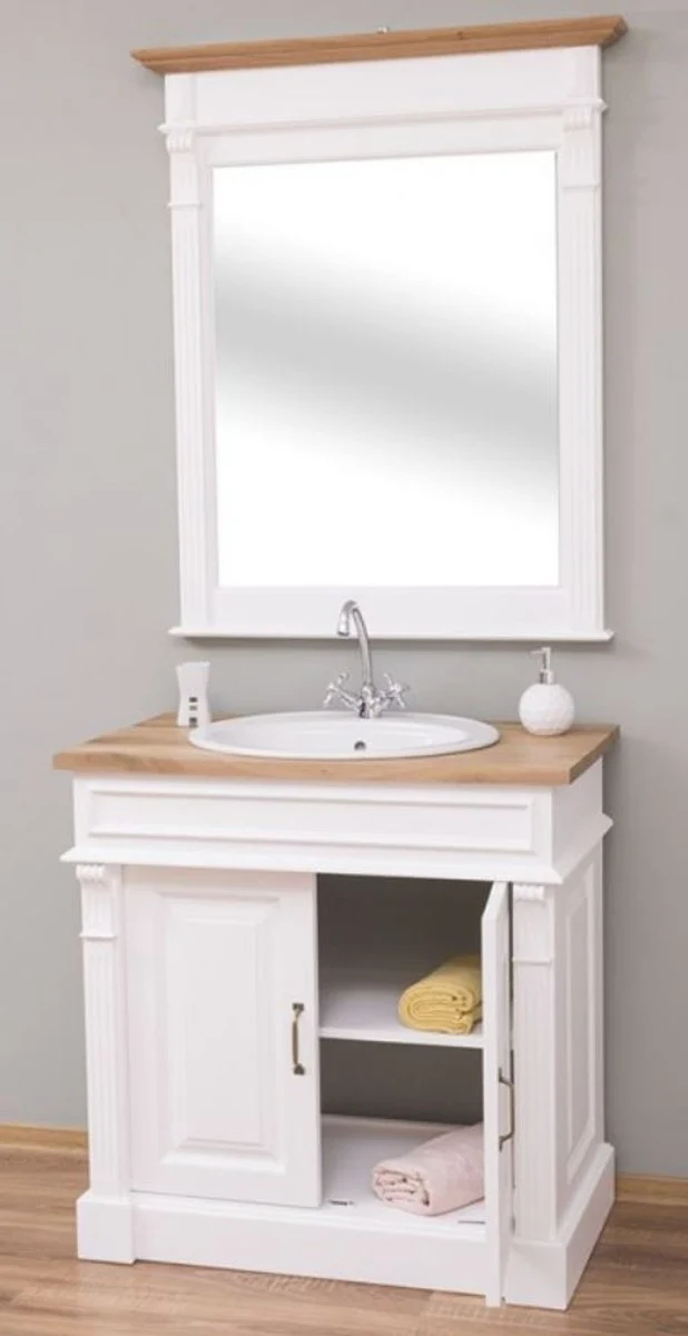 Casa Padrino Landhausstil Badezimmer Set Weiß / Naturfarben - 1 Waschtisch & 1 Wandspiegel - Massivholz Badezimmer Möbel im Landhausstil