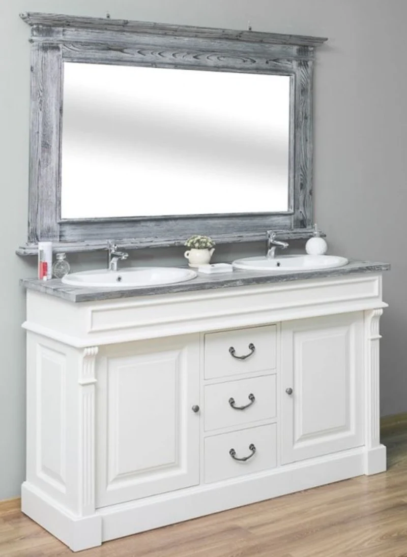 Casa Padrino Landhausstil Badezimmer Set Weiß / Grau - 1 Doppelwaschtisch & 1 Wandspiegel - Massivholz Badezimmermöbel im Landhausstil