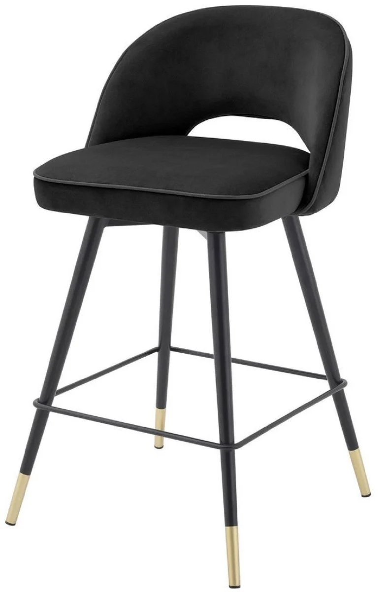 Casa Padrino Luxus Barstuhl Set Schwarz / Messingfarben 51 x 52 x H. 92,5 cm - Barstühle mit drehbarer Sitzfläche und edlem Samtsoff - Luxus Bar Möbel