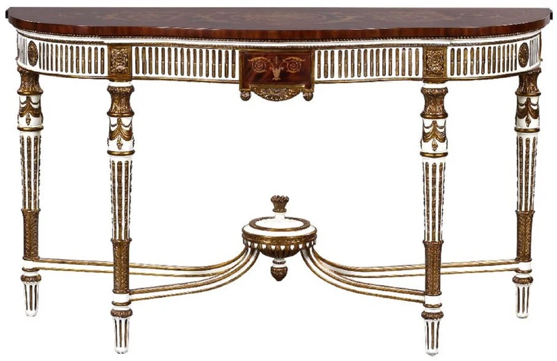 Casa Padrino Luxus Barock Konsole Weiß / Braun / Gold - Handgefertigter Massivholz Konsolentisch mit Schublade - Luxus Wohnzimmer Möbel im Barockstil - Barock Möbel - Barock Einrichtung