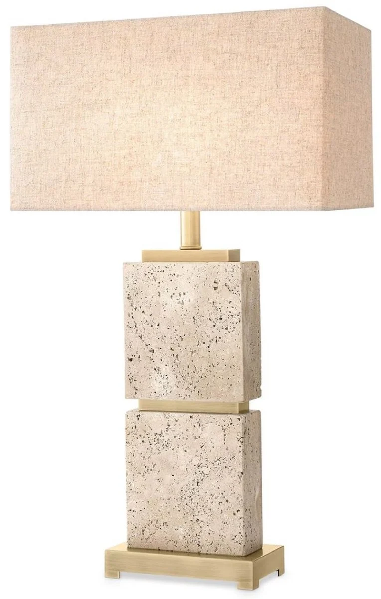 Casa Padrino Luxus Tischleuchte Beige / Antik Messing 40 x 22 x H. 70,5 cm - Travertin Schreibtischleuchte mit rechteckigem Lampenschirm - Luxus Tischleuchten - Luxus Schreibtischleuchten