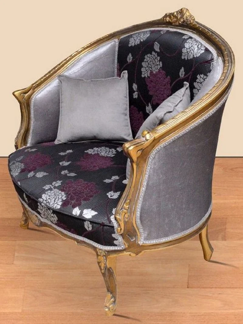 Casa Padrino Barock Sessel mit elegantem Muster Schwarz / Lila / Silber / Gold - Barockstil Wohnzimmer Sessel - Antik Stil Sessel - Barockstil Wohnzimmer Möbel - Barock Möbel - Barock Einrichtung