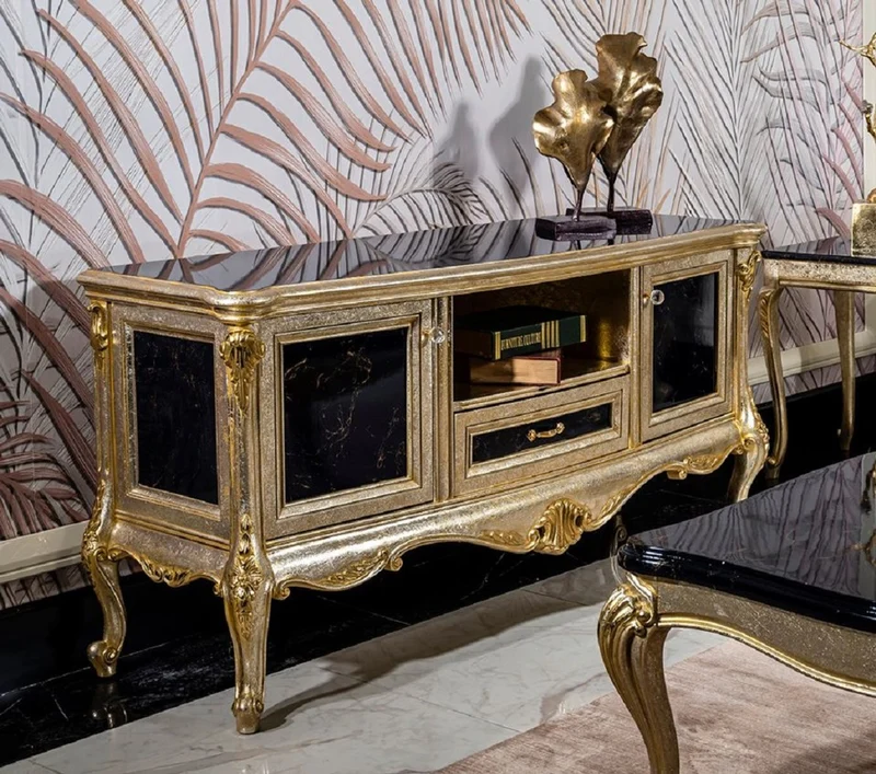 Casa Padrino Luxus Barock TV Schrank Silber / Schwarz / Gold - Prunkvolles Massivholz Sideboard mit 2 Türen und Schublade - Wohnzimmer Möbel im Barockstil - Barock Möbel - Edel & Prunkvoll
