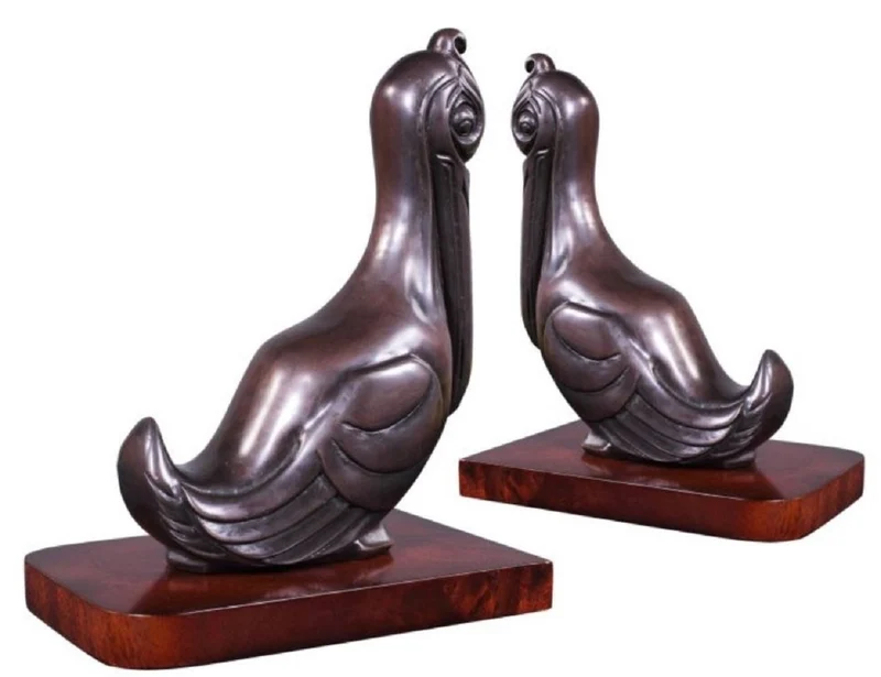 Casa Padrino Luxus Buchstützen Set Pelikane Bronze / Braun 18 x 12 x H. 22 cm - Deko Bronzefiguren mit Holzsockel