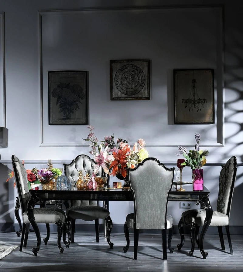 Casa Padrino Luxus Barock Esszimmer Set Silber / Grau / Schwarz - 1 Esstisch & 6 Esszimmerstühle - Esszimmermöbel im Barockstil - Luxus Qualität - Made in Italy
