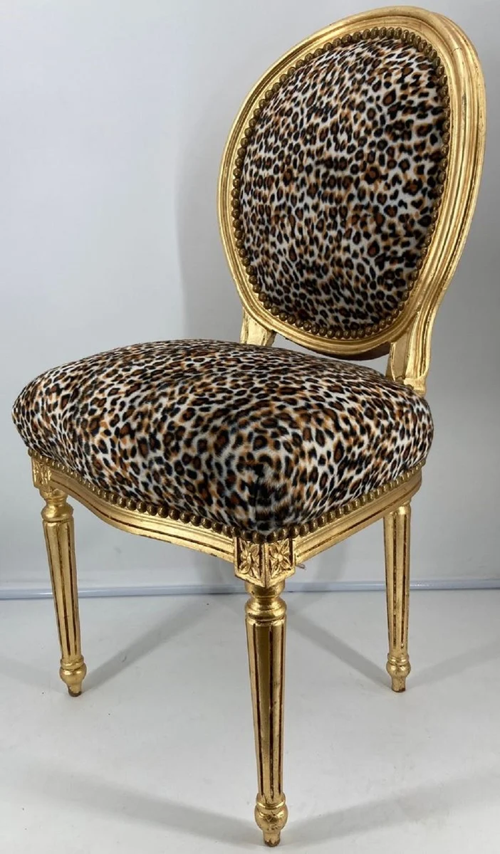 Casa Padrino Barock Esszimmer Stuhl Medaillon Leopard / Gold - Handgefertigter Massivholz Antik Stil Küchen Stuhl mit Muster - Barock Esszimmer Möbel