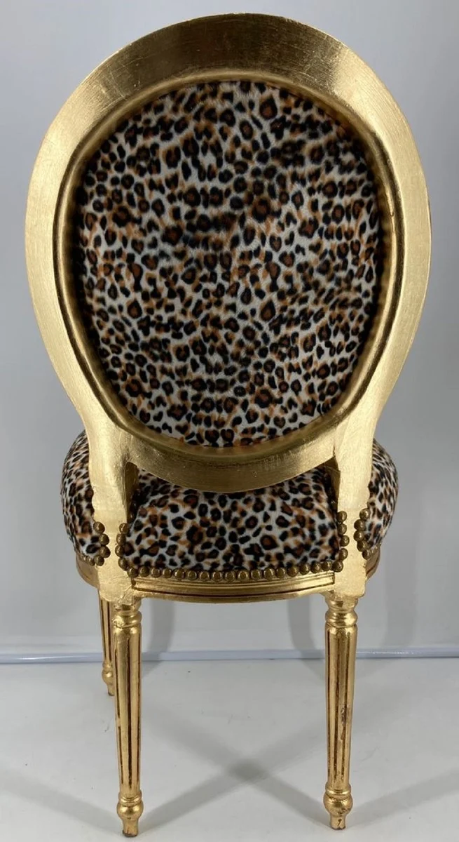 Casa Padrino Barock Esszimmer Stuhl Medaillon Leopard / Gold - Handgefertigter Massivholz Antik Stil Küchen Stuhl mit Muster - Barock Esszimmer Möbel