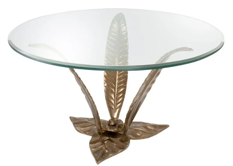 Casa Padrino Luxus Couchtisch Vintage Messingfarben Ø 85 x H. 45 cm - Designer Wohnzimmertisch mit Glasplatte