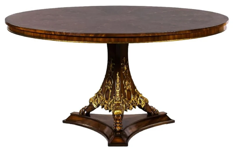 Casa Padrino Luxus Barock Esstisch Dunkelbraun Intarsien / Gold Ø 150 cm - Runder Barockstil Massivholz Küchentisch - Luxus Esszimmer Möbel im Barockstil - Barock Esszimmer Möbel
