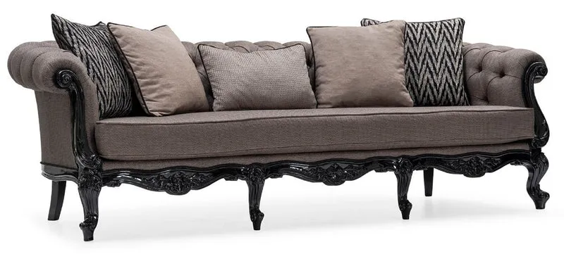 Casa Padrino Luxus Barock Wohnzimmer Sofa Grau / Schwarz - Handgefertigtes Barockstil Sofa mit dekorativen Kissen - Luxus Wohnzimmer Möbel im Barockstil - Barock Möbel - Edel & Prunkvoll