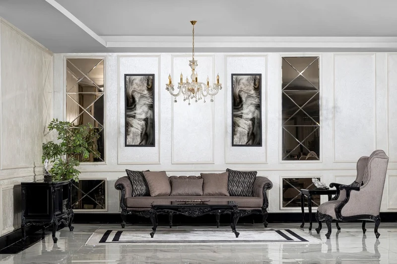 Casa Padrino Luxus Barock Wohnzimmer Sofa Grau / Schwarz - Handgefertigtes Barockstil Sofa mit dekorativen Kissen - Luxus Wohnzimmer Möbel im Barockstil - Barock Möbel - Edel & Prunkvoll