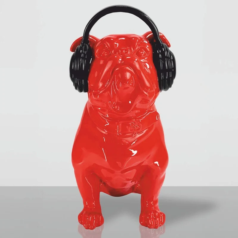 Casa Padrino Deko Skulptur Hund Bulldogge mit Kopfhörern Rot / Schwarz H. 120 cm