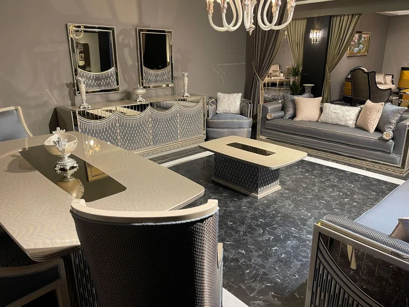 Casa Padrino Luxus Art Deco Esszimmer Set Hellblau / Creme / Gold - 1 Art Deco Esstisch & 6 Art Deco Esszimmerstühle - Esszimmer Möbel - Art Deco Möbel - Luxus Möbel - Art Deco Einrichtung