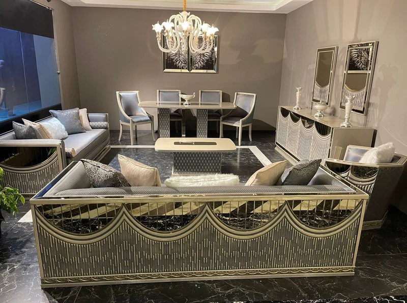 Casa Padrino Luxus Art Deco Esszimmer Set Hellblau / Creme / Gold - 1 Art Deco Esstisch & 6 Art Deco Esszimmerstühle - Esszimmer Möbel - Art Deco Möbel - Luxus Möbel - Art Deco Einrichtung