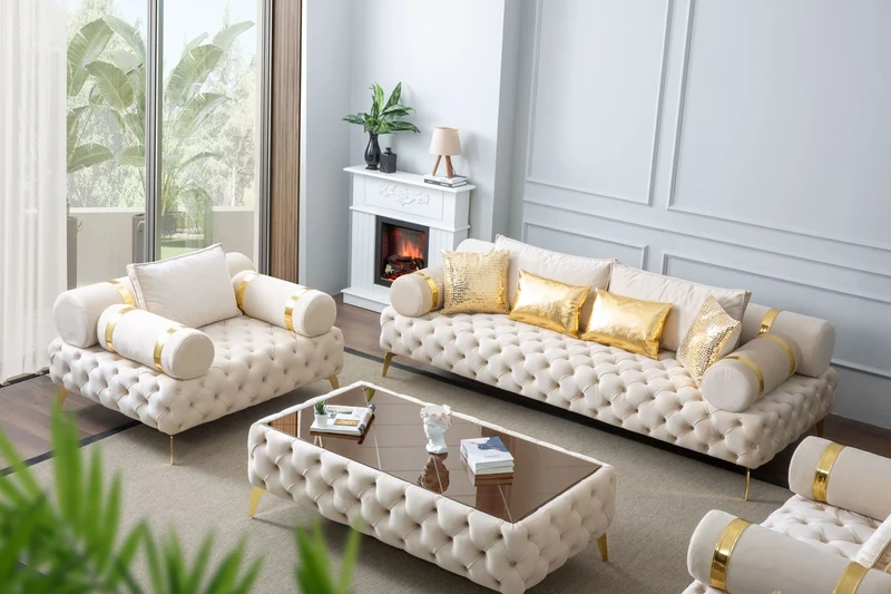 Casa Padrino Luxus Chesterfield Couchtisch Creme / Gold / Braun 140 x 80 x H. 45 cm - Wohnzimmertisch mit Glasplatte - Wohnzimmer Möbel - Chesterfield Möbel - Luxus Möbel - Luxus Einrichtung