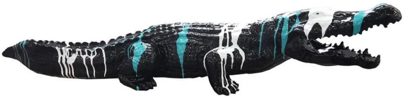 Casa Padrino Luxus Deko Skulptur Krokodil Schwarz / Weiß / Türkis 108 cm - Wetterbeständige Gartenskulptur - XXL Deko Skulptur - XXL Deko Figur - Tierfigur - Garten Deko - Luxus Deko Accessoires