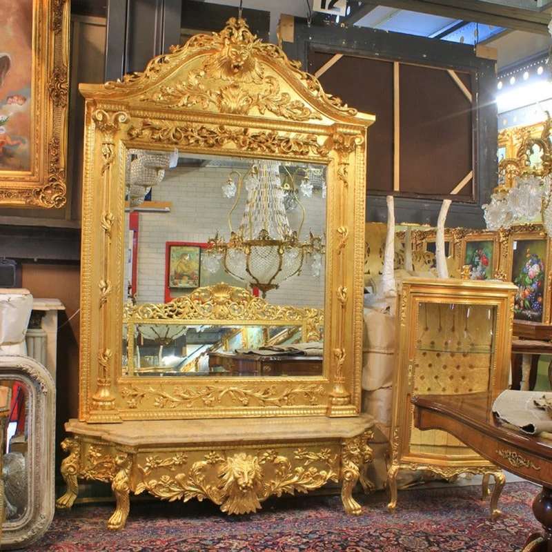Casa Padrino Luxus Barock Spiegelkonsole Gold 170 x H. 280 cm - mit Löwenkopf - Prunkvoller Konsolentisch mit Wandspiegel - Antik Stil Flur Möbel - Barock Möbel