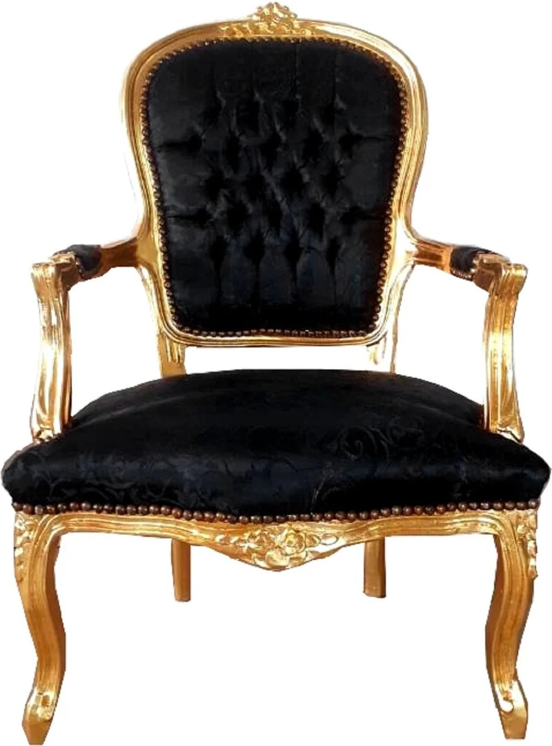 Casa Padrino Barock Salon Stuhl Schwarz Muster / Gold 60 x 50 x H. 93 cm - Handgefertigter Antik Stil Stuhl mit edlem Satinstoff - Möbel im Barockstil