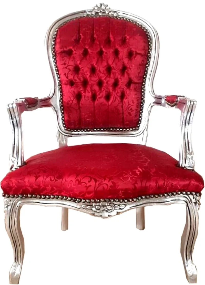 Casa Padrino Barock Salon Stuhl Bordeauxrot Muster / Silber 60 x 50 x H. 93 cm - Handgefertigter Antik Stil Stuhl mit edlem Satinstoff - Möbel im Barockstil