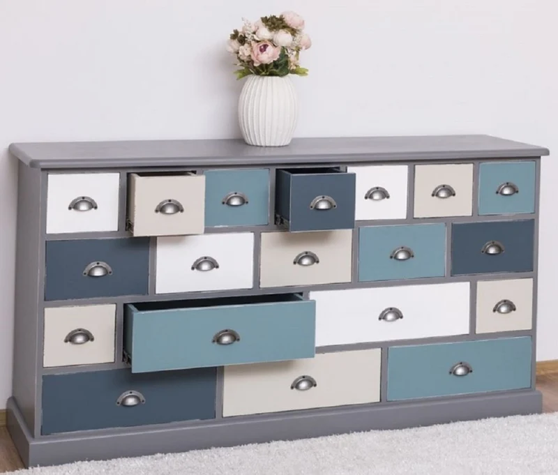 Casa Padrino Landhausstil Kommode Grau / Mehrfarbig 180 x 48 x H. 95 cm - Massivholz Schrank mit 19 Schubladen - Landhausstil Möbel - Möbel im Landhausstil - Landhausstil Einrichtung