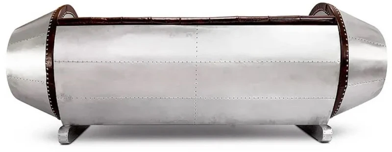Casa Padrino Chesterfield Leder Sofa Silber / Braun 240 x 82 x H. 91 cm - Echtleder Wohnzimmer Sofa - Flugzeug Möbel - Flieger Möbel - Chesterfield Möbel - Wohnzimmer Möbel - Echtleder Möbel